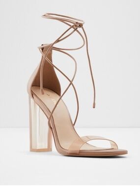 ALDO Onardonia Nude Clear Block Heel Lace Up Sandals Size 9 Like New